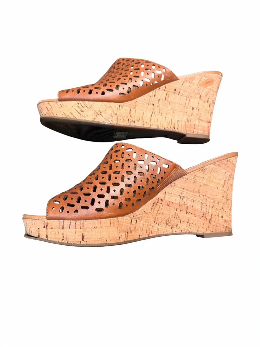 Lauren Blakwell Women’s 11 Tan Ilene Perforated Cork Wedge Slide Sandals Boho